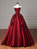 Evafashion A-Line Satin Burgundy Long Prom Dress, Burgundy Long Evening Dress HZ1024