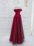 Evafashion Off Shoulder Satin Tulle Burgundy Long Prom Dress HZ1024