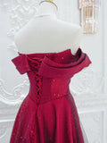 Evafashion Off Shoulder Satin Tulle Burgundy Long Prom Dress HZ1024
