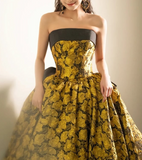 Evafashion Yellow Satin Lace Long Prom Dress, Yellow Long Evening Dress HZ1024