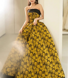 Evafashion Yellow Satin Lace Long Prom Dress, Yellow Long Evening Dress HZ1024
