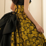 Evafashion Yellow Satin Lace Long Prom Dress, Yellow Long Evening Dress HZ1024