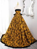 Evafashion Yellow Satin Lace Long Prom Dress, Yellow Long Evening Dress HZ1024