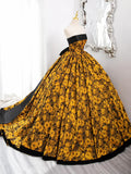 Evafashion Yellow Satin Lace Long Prom Dress, Yellow Long Evening Dress HZ1024