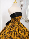 Evafashion Yellow Satin Lace Long Prom Dress, Yellow Long Evening Dress HZ1024