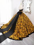 Evafashion Yellow Satin Lace Long Prom Dress, Yellow Long Evening Dress HZ1024