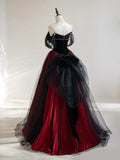 Ndyad Off Shoulder Tulle Black/Burgundy Long Prom Dress HZ1024