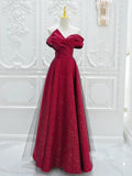 Evafashion Off Shoulder Satin Tulle Burgundy Long Prom Dress HZ1024