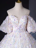 Evafashion Sweetheart Neck Tulle Lace Light Purple Long Prom Dress HZ1024
