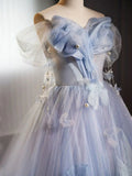 Ndyad Off Shoulder Tulle Flower Blue Long Prom Dress, Blue Long Formal Dress HZ1024