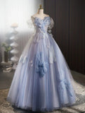 Ndyad Off Shoulder Tulle Flower Blue Long Prom Dress, Blue Long Formal Dress HZ1024