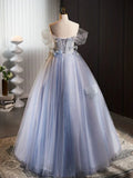 Ndyad Off Shoulder Tulle Flower Blue Long Prom Dress, Blue Long Formal Dress HZ1024