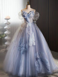 Ndyad Off Shoulder Tulle Flower Blue Long Prom Dress, Blue Long Formal Dress HZ1024