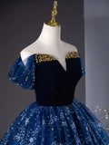 Ndyad Off Shoulder Tulle Blue Long Prom Dress, Blue Long Formal Dress with Beads HZ1024