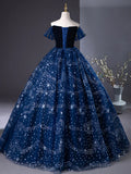 Ndyad Off Shoulder Tulle Blue Long Prom Dress, Blue Long Formal Dress with Beads HZ1024