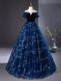 Ndyad Off Shoulder Tulle Blue Long Prom Dress, Blue Long Formal Dress with Beads HZ1024