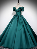 Ndyad Off Shoulder Satin Green Long Prom Dress, Green Long Formal Dress HZ1024