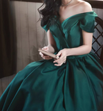 Ndyad Off Shoulder Satin Green Long Prom Dress, Green Long Formal Dress HZ1024