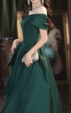 Ndyad Off Shoulder Satin Green Long Prom Dress, Green Long Formal Dress HZ1024