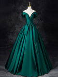 Ndyad Off Shoulder Satin Green Long Prom Dress, Green Long Formal Dress HZ1024