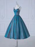 Ndyad Sweetheart Neck Satin Tea Length Blue Prom Dress, Blue Formal Dress HZ1024