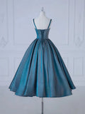 Ndyad Sweetheart Neck Satin Tea Length Blue Prom Dress, Blue Formal Dress HZ1024