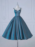 Ndyad Sweetheart Neck Satin Tea Length Blue Prom Dress, Blue Formal Dress HZ1024