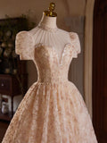 Ndyad Champagne Pink Tulle Lace Tea Length Prom Dress with Beads HZ1024