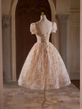 Ndyad Champagne Pink Tulle Lace Tea Length Prom Dress with Beads HZ1024