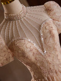 Ndyad Champagne Pink Tulle Lace Tea Length Prom Dress with Beads HZ1024