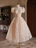 Ndyad Champagne Pink Tulle Lace Tea Length Prom Dress with Beads HZ1024