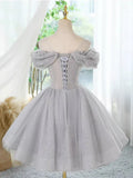 Ndyad Off Shoulder Tulle Lace Sequin Gray Short Prom Dress with Beads HZ1024