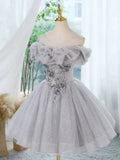 Ndyad Off Shoulder Tulle Lace Sequin Gray Short Prom Dress with Beads HZ1024