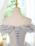 Ndyad Off Shoulder Tulle Lace Sequin Gray Short Prom Dress with Beads HZ1024