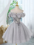 Ndyad Off Shoulder Tulle Lace Sequin Gray Short Prom Dress with Beads HZ1024