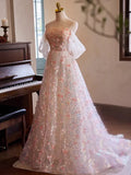 Evafashion Off Shoulder Lace Tulle Pink Long Prom Dress, Pink Long Evening Dress HZ1024