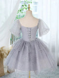 Ndyad Tulle Lace Gray Short Prom Dress, Cute Gray Homecoming Dress HZ1024