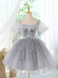 Ndyad Tulle Lace Gray Short Prom Dress, Cute Gray Homecoming Dress HZ1024