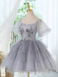 Ndyad Tulle Lace Gray Short Prom Dress, Cute Gray Homecoming Dress HZ1024