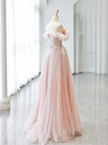 Ndyad Off Shoulder Tulle Beads Pink Long Prom Dress, Pink Tulle Long Formal Dress HZ1024