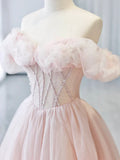 Ndyad Off Shoulder Tulle Beads Pink Long Prom Dress, Pink Tulle Long Formal Dress HZ1024