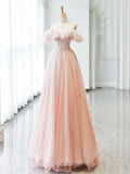 Ndyad Off Shoulder Tulle Beads Pink Long Prom Dress, Pink Tulle Long Formal Dress HZ1024