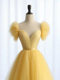 Ndyad Sweetheart Neck Tulle Yellow Long Prom Dress, Yellow Long Formal Dress HZ1024