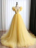 Ndyad Sweetheart Neck Tulle Yellow Long Prom Dress, Yellow Long Formal Dress HZ1024