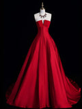 Evafashion A-Line Satin burgundy Long Prom Dress, Burgundy Long Formal Dress HZ1024