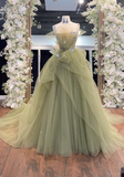 Ndyad Tulle Green Long Prom Dress, Green Tulle Long Sweet 16 Dress HZ1024