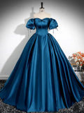 Ndyad Puff Sleeves Satin Peacock Blue Long Prom Dress, Peacock Blue Long Formal Dress HZ1024