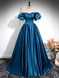 Ndyad Puff Sleeves Satin Peacock Blue Long Prom Dress, Peacock Blue Long Formal Dress HZ1024