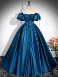 Ndyad Puff Sleeves Satin Peacock Blue Long Prom Dress, Peacock Blue Long Formal Dress HZ1024