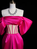 Ndyad Off Shoulder Satin Mermaid Rose Red Long Prom Dress, Rose Red Evening Dress HZ1024